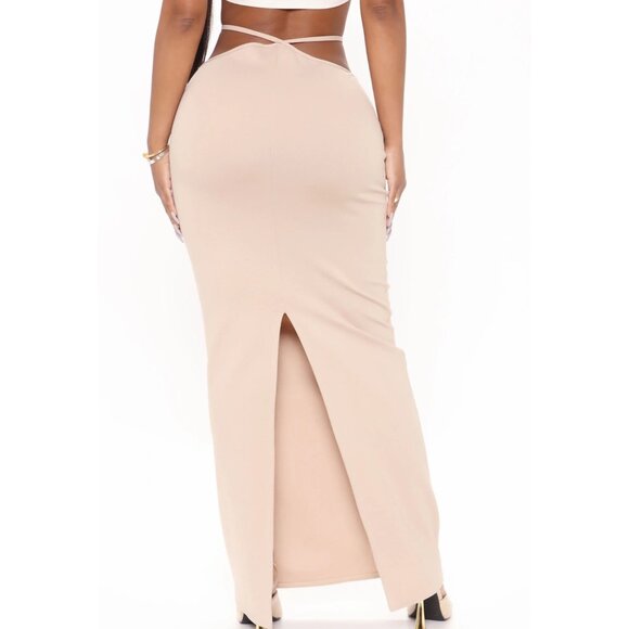 Fashion Nova Let’s Talk About Us Taupe High‑Waist Strappy Maxi Skirt Back Slit M - Picture 4 of 5